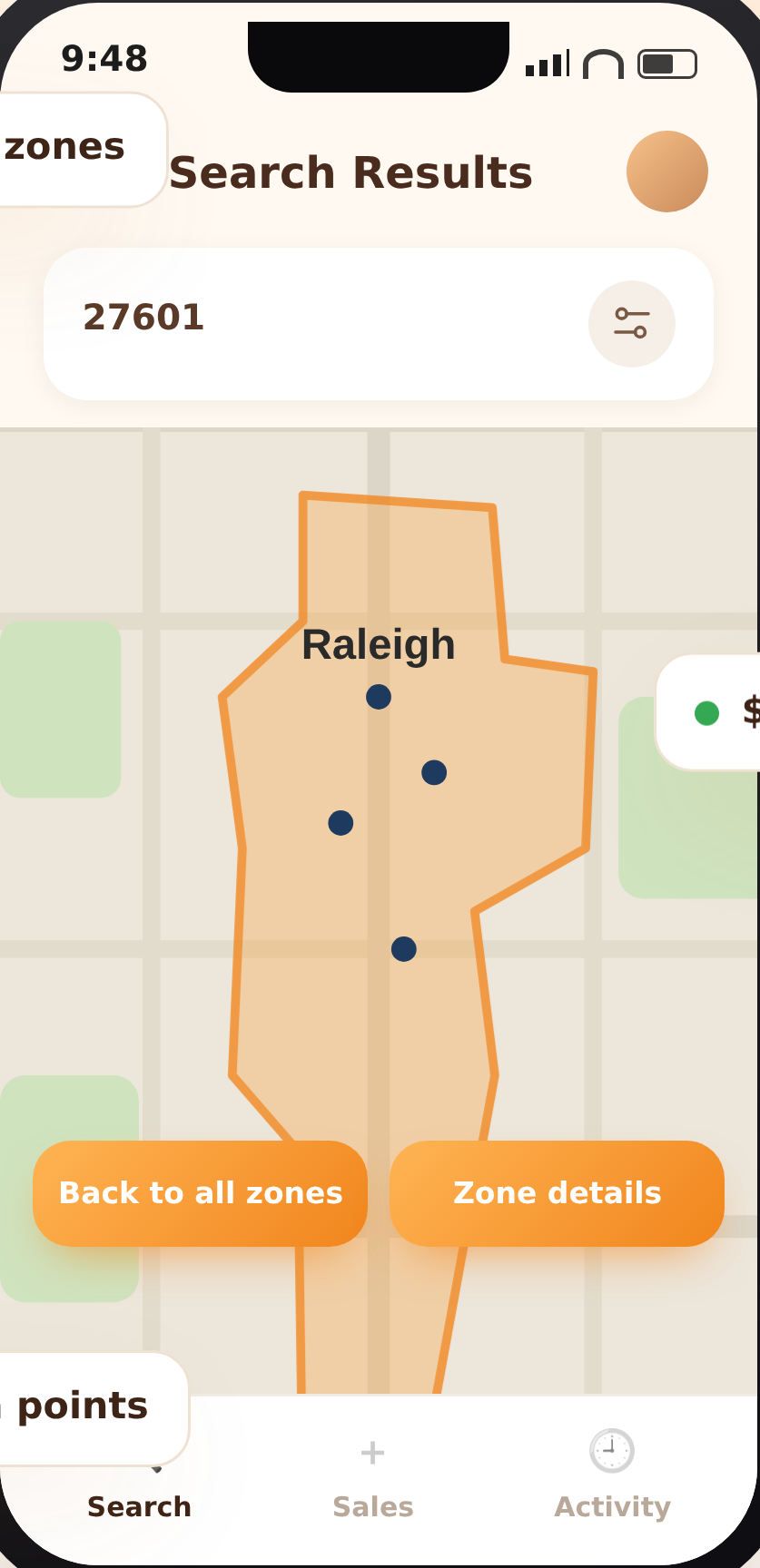 KnocKnow app: Search Results map highlighting a zone over Raleigh, NC where 70%+ of homes match the rep's filters